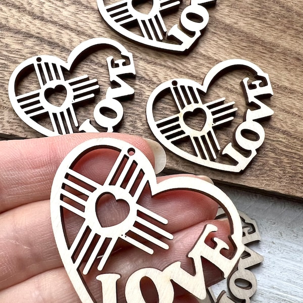 Unfinished Wood Love Heart Zia New Mexico State Sun Symbol Cross 1.75”x1.55” Charm Ornament Earrings Jewelry Blanks Crafts Made in Texas