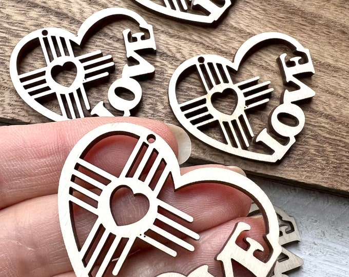 Unfinished Wood Love Heart Zia New Mexico State Sun Symbol Cross 1.75”x1.55” Charm Ornament Earrings Jewelry Blanks Crafts Made in Texas