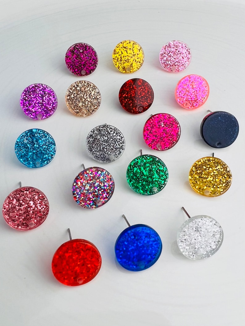 Glitter Studs 14mm Earrings 12pcs Earrings & Backs w/Connector Loop Holes Earring Findings Gold Silver Green Red Rainbow Pink Blue Yellow image 1