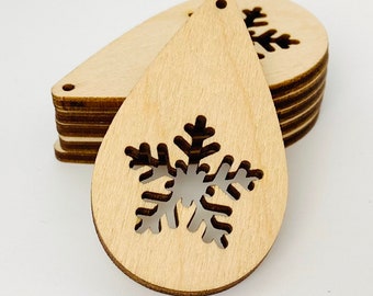 ALL SIZES BULK (12pc to 100pc) Unfinished Wood Laser Cutout Winter Snowflake Teardrop Earring Jewelry Blanks Shape Crafts Made in Texas