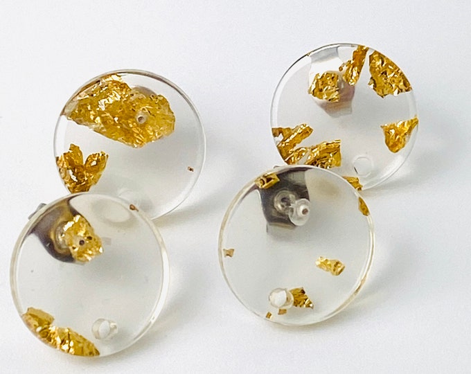 12 Acrylic 14mm Round Clear Gold Foil Stud Post Earrings & Backs w/ Connector Loop Hole Create Dangle Style Earring Findings Jewelry Making