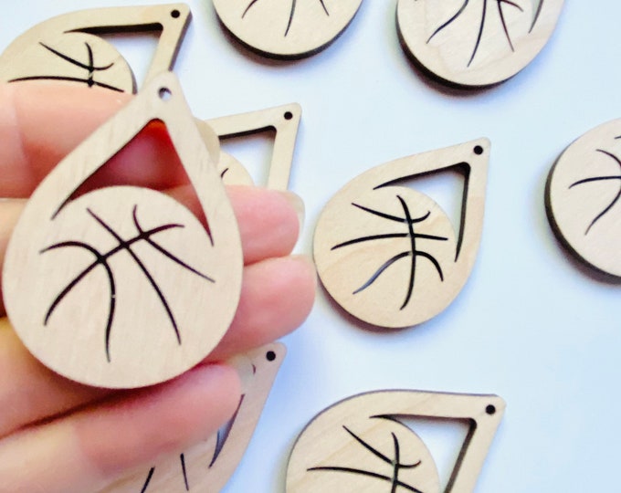 ALL SIZES BULK (12pc to 100pc) Unfinished Wood Laser Teardrop w/ Basketball Cutout Earring Earrings Jewelry Blanks Crafts