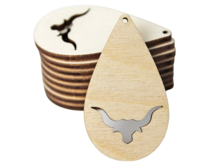 BULK (12pc to 100pc) Unfinished Wood Teardrop Longhorn Steer Cow Cutout Dangle Earring Jewelry Blanks Charms Shape Crafts Made in Texas