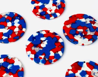 12 Pieces Acrylic 35mm Round Circle Hoop Red White Blue Patriotic American Beads w/ Connector Loop Hole Earring Supplies Findings