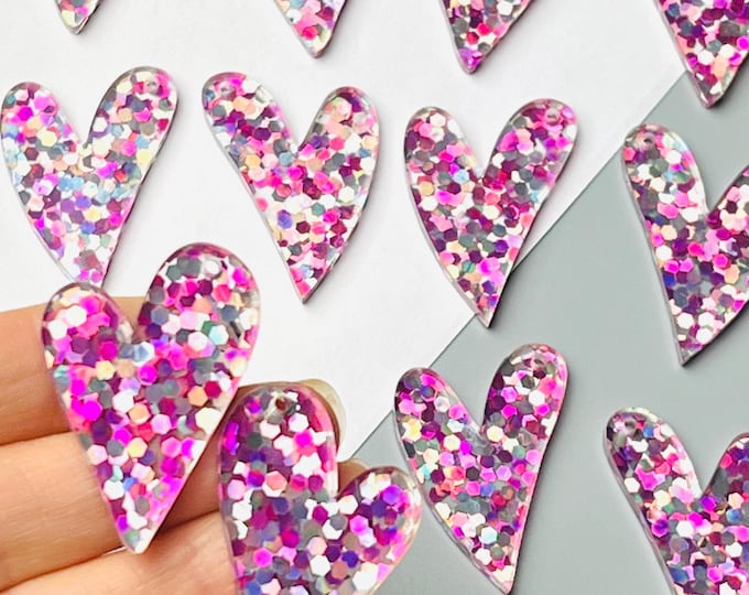All Sizes/Quantities Pink & Silver Iridescent Glitter Heart Acrylic Earring Making Blanks Valentines Day