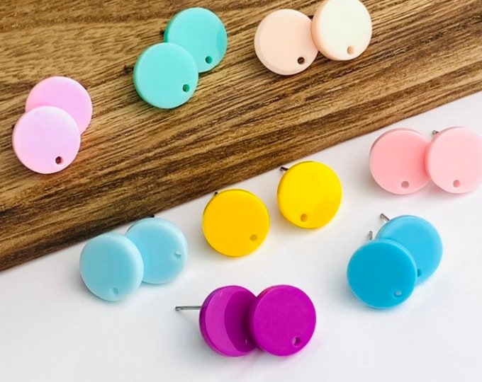 14 Acrylic 12mm Round Circle Stud Post Solid Bright Color Earrings & Backs w/Connector Loop Holes for Dangle Earring Findings Jewelry Making