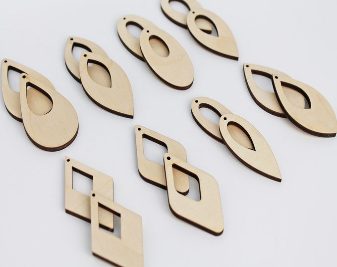 16 Unfinished Wood Laser Cutout Solid w/ Cutouts 1.5" Earring Earrings Jewelry Blanks Shape Crafts Made in Texas 8 Pairs Diamond,Teardrop +