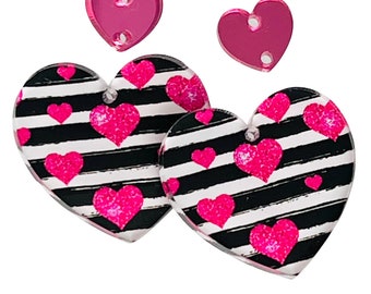 DIY Hearts Acrylic Earring Blanks Valentines Day Heart Earrings Black & White Stripes with Pink Hearts