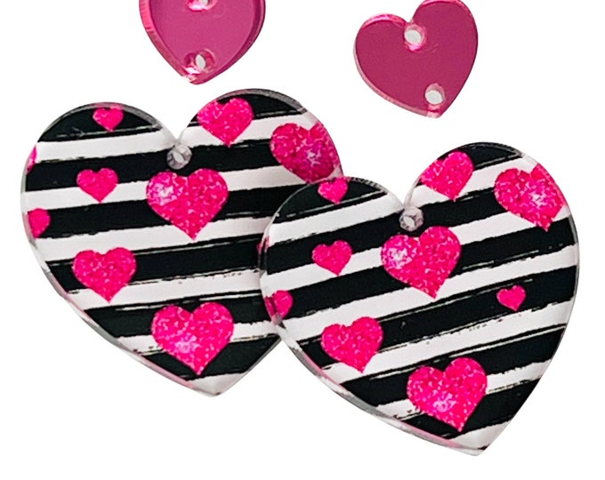 DIY Hearts Acrylic Earring Blanks Valentines Day Heart Earrings Black & White Stripes with Pink Hearts