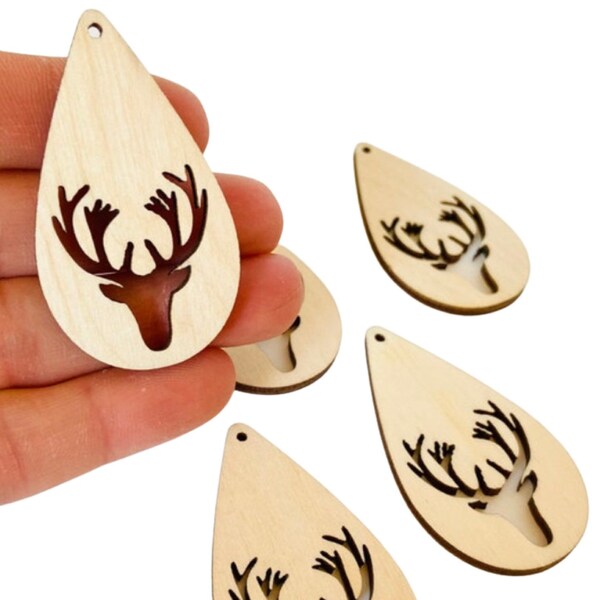 ALL SIZES BULK (12pc to 100pc) Unfinished Wood Laser Cutout Deer Buck Head Teardrop Earring Jewelry Blanks Ornaments Crafts Made in Texas