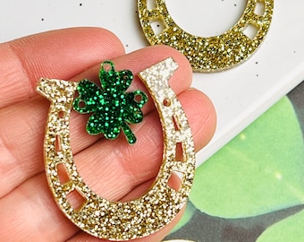 Glitter Shamrock Horseshoe Acrylic Earring Blanks, St. Patrick's Day DIY Earrings
