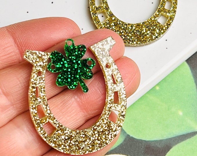 Glitter Shamrock Horseshoe Acrylic Earring Blanks, St. Patrick's Day DIY Earrings