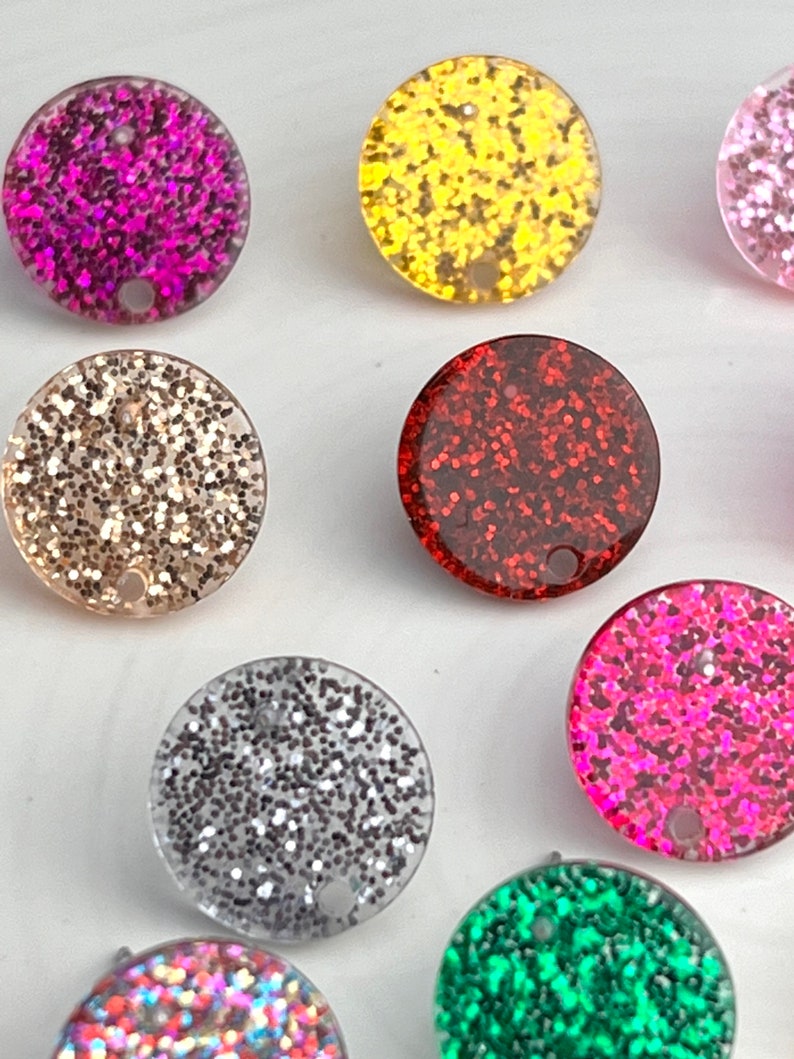 Glitter Studs 14mm Earrings 12pcs Earrings & Backs w/Connector Loop Holes Earring Findings Gold Silver Green Red Rainbow Pink Blue Yellow image 4