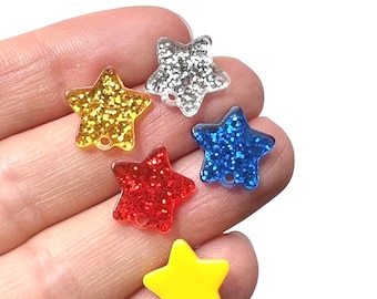 Glitter Star Studs Post with Connector Holes 14mm Acrylic 12 pcs  Red, Silver, Blue, Gold, Yellow Earrings & Backs Earring Findings Making