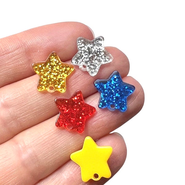 Glitter Star Studs Post with Connector Holes 14mm Acrylic 12 pcs  Red, Silver, Blue, Gold, Yellow Earrings & Backs Earring Findings Making