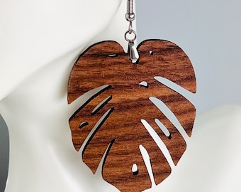 Handmade Walnut Wood Wooden Monstera Tropical Leaf Cutout Earrings