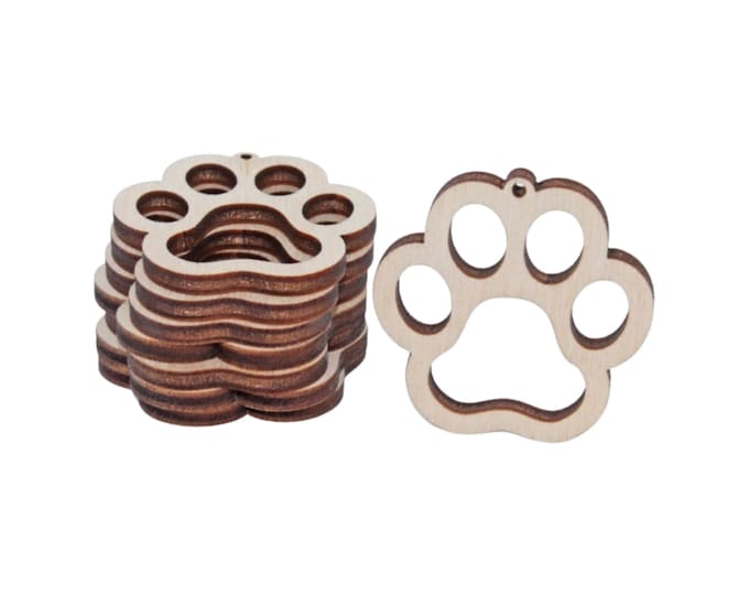 BULK (12pc to 100pc) Unfinished Wood Dog Puppy or Tiger Paw Print Cutout Dangle Earring Jewelry Blanks Charms Shape Crafts Made in Texas