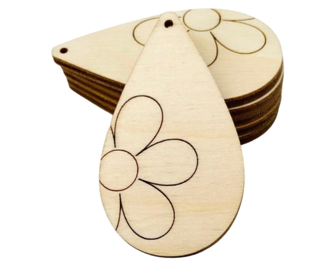 ALL SIZES BULK (12pc to 100pc) Unfinished Wood Cutout Flower Daisy Sectioned Teardrop Tear Drop Earrings Jewelry Charms Made in Texas