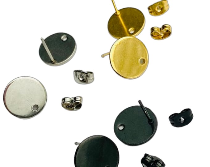 Clearance 12pcs Stainless Steel Round Circle Earring Studs Posts Findings 8mm,10mm,12mm  with Earring Backs and Connector Holes