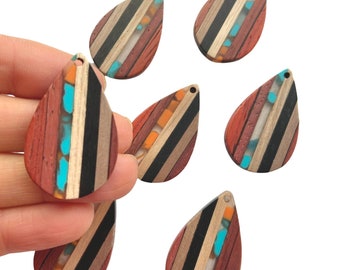 Clearance 10pcs Acrylic & Wood Striped 1.5” or 2” Teardrop Shape Beads Charms w/Connector Loop Hole Earring Findings Jewelry Making