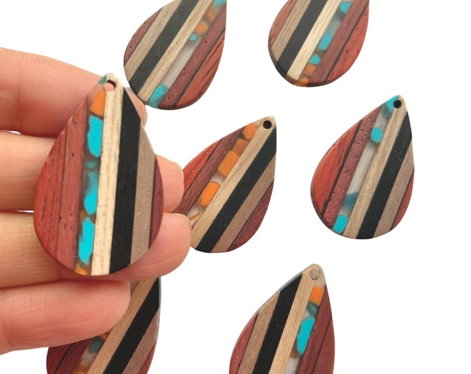 Clearance 10pcs Acrylic & Wood Striped 1.5” or 2” Teardrop Shape Beads Charms w/Connector Loop Hole Earring Findings Jewelry Making