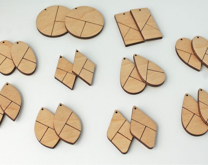 20 Unfinished Wood Laser Cutout Tri Line Earring Earrings Jewelry Solid Blanks Shape Crafts Made in Texas Teardrop,Diamond,Rectangle ++