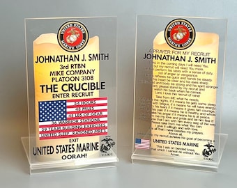 Ships Fast from Texas! Personalized Marine Crucible and Prayer Acrylic Set w/Real Wax LED Flameless Candles-Name,Battalion,Company & Platoon
