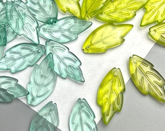 50 Pieces Clear Transparent Green Slightly Curved Leaf Leaves Glass Beads 25mm/1"