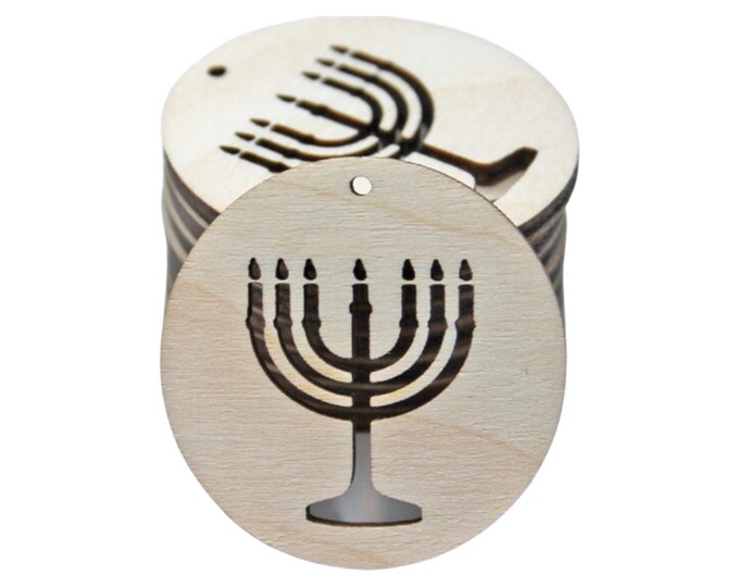 ALL SIZES BULK (12pc to 100pc) Unfinished Wood Laser Cutout 7 Seven Branch Menorah Judaism Earring Jewelry Blanks Shape Crafts Made in Texas