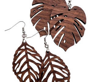 Two Pairs of Lightweight Handmade Walnut Wood Monstera Tropical Leaf and The Elegant Leaf Earrings