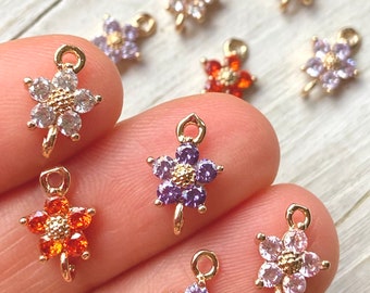 Set of 4 Gold Plated Brass Cubic Zirconia Orange, Pink, Clear, Purple, Light Purple Colors 12mmx8mm Flower Pendant Earring Connector Charms