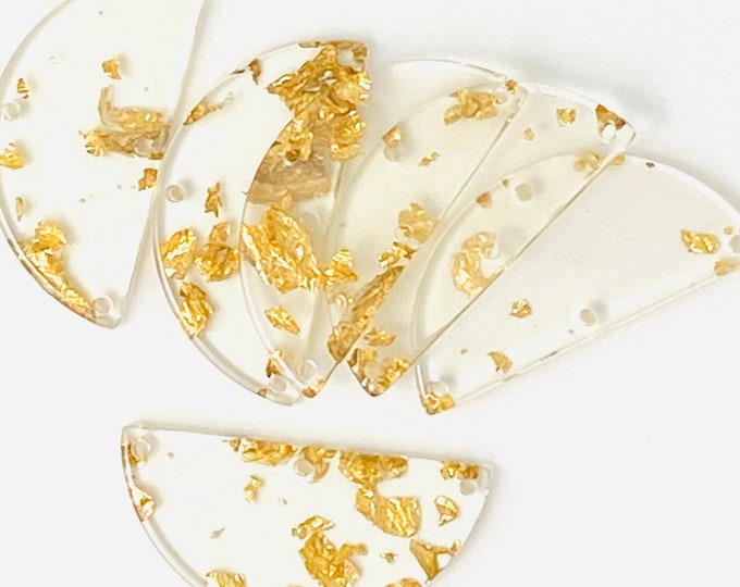 6 Acrylic 36mmx18mm Clear Gold Foil Semi Circle Beads Charms w/4 Connector Holes Earring Findings Jewelry Making