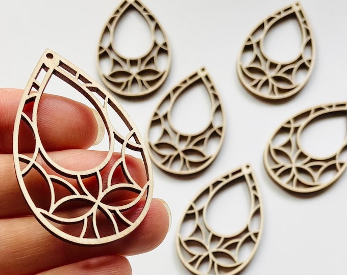 BULK (12pc to 100pc) Unfinished Wood Open Teardrop w/Lace Fancy  Flower Cutout Dangle Earrings Jewelry Blanks Shape Crafts Texas Made