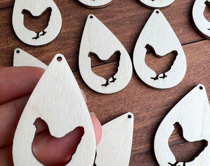 Unfinished Wood Laser Chicken Cutout Teardrop Tear Drop Earring Jewelry Blanks Shape Crafts Made in Texas