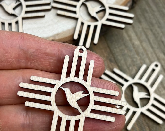 12pc or 24pc Unfinished Wood Zia Hummingbird  New Mexico Zia Sun Symbol Cutout Earrings Ornaments Jewelry Blanks Crafts Made in Texas
