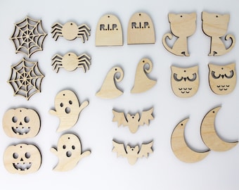20 Halloween Unfinished Wood Cutout Earrings Jewelry Blanks 10 Pairs Owl,Bat,Ghost,Spider,Cat,Moon,Witch Hat,Tombstone