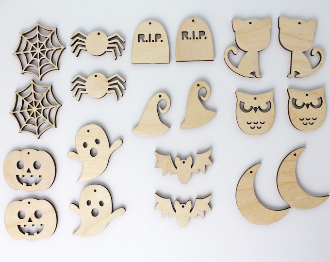 20 Halloween Unfinished Wood Cutout Earrings Jewelry Blanks 10 Pairs Owl,Bat,Ghost,Spider,Cat,Moon,Witch Hat,Tombstone