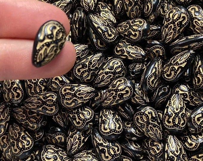 24 Acrylic Teardrop 12x18mm Fancy Black & Gold Etched Laced Carved Beads Charm Lightweight Earring Earrings Necklace Bracelet Jewelry Making
