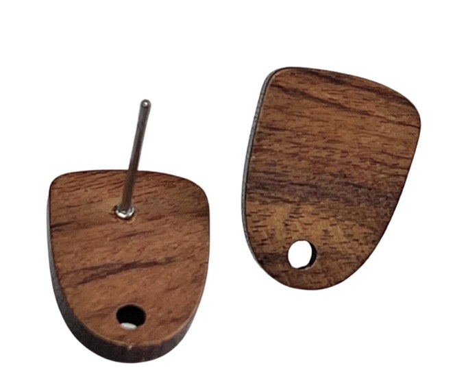 Walnut Wood Wooden Stud Post Rounded Square Oval Earrings 12 pcs w/ Earring Backs Connector Loop Holes Dangle DIY Earrings Findings