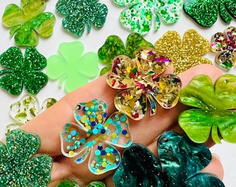 Grab Bag 12 Pairs Glitter Shamrock Clover Acrylic Earring Blanks, St. Patrick's Day Jewelry, DIY Mix