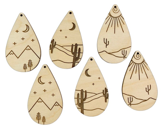 Unfinished Wood Scene Western Mountain Cactus Minimalist Teardrop Dangle Wooden Earrings Jewelry Blanks Charms Shape Crafts Made in Texas