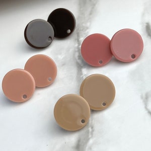 12 Acrylic 14mm Round Circle Stud Post Color Brown Neutral Earrings & Backs Connector Loop Hole, Earring Findings, Earring Supplies