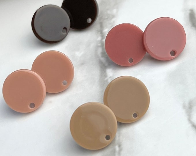 12 Acrylic 14mm Round Circle Stud Post Color Brown Neutral Earrings & Backs Connector Loop Hole, Earring Findings, Earring Supplies