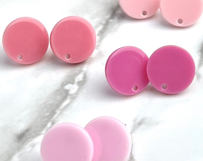 12 Acrylic 14mm Round Circle Stud Post Solid Color Pink Earrings & Backs w/Connector Loop Holes Dangle Style Earring Findings Jewelry Making