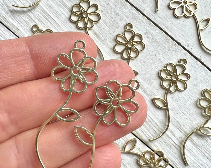 Clearance 1.75” Gold Plated Dangling Long Flower Jewelry Pendant Necklace Earring Connector Charm Crafting Crafts