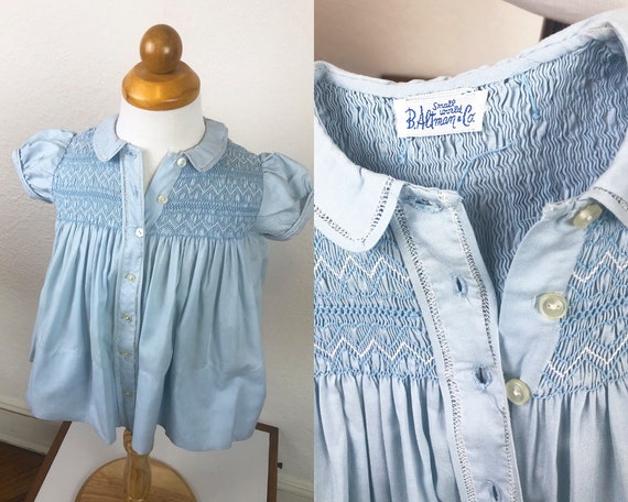 Vintage 50s Baby Dress Pale Blue Smocking Button D
