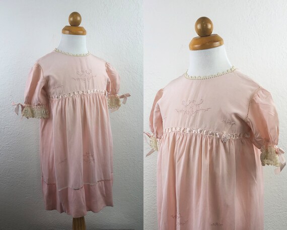 Vintage 40s 50s Fancy Baby Dress Pink Silk Ribbons