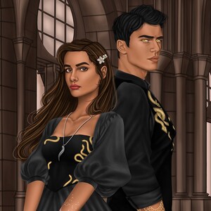 May include: A woman and a man stand side-by-side in a dark, gothic setting. The woman wears a black dress with gold snake embroidery and holds a dagger with a gold handle. The man wears a black shirt with gold snake embroidery and has a gold snake tattoo on his arm.