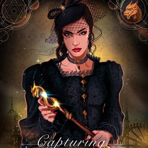 May include: A woman in a black dress and a veil holds a golden staff with a dragon head. The background is a dark, ornate pattern with a golden geometric design. The text "Capturing the Devil" is written in a decorative font below the woman.