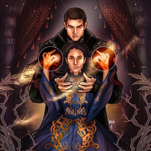 May include: A couple in a fantasy setting, the woman in a blue and gold dress, the man in a dark green jacket, both with glowing hands, surrounded by a dark background with floral details.